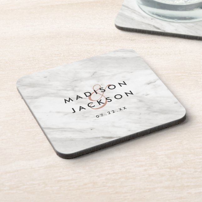 White Marble & Rose Gold Modern Wedding Monogram Beverage Coaster (Left Side)