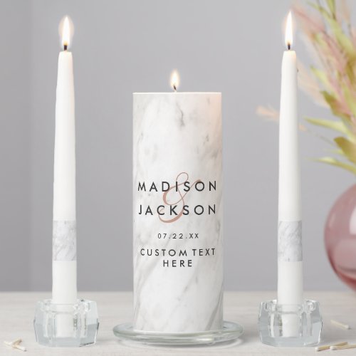 White Marble  Rose Gold Modern Wedding Monogram Unity Candle Set