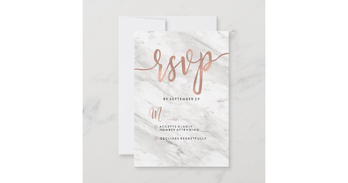 White Marble & Rose Gold Modern Wedding RSVP Card | Zazzle