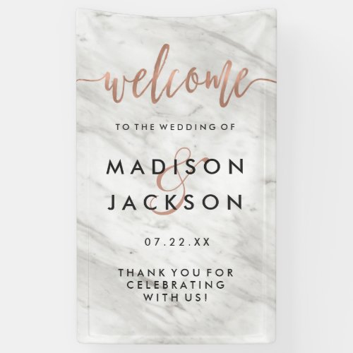 White Marble  Rose Gold Modern Wedding Welcome Banner