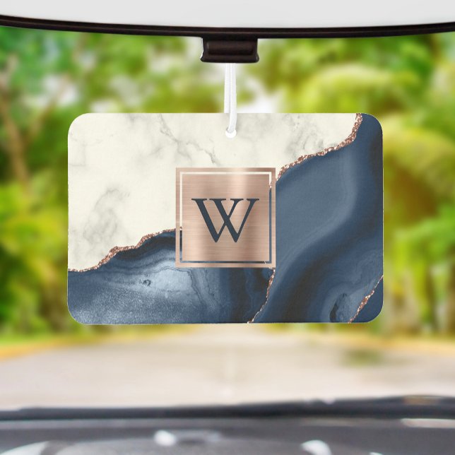 White Marble Rose Gold Navy Blue Agate Monogram Air Freshener (Creator Uploaded)