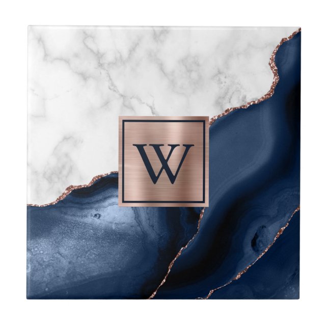 White Marble Rose Gold Navy Blue Agate Monogram Ceramic Tile (Front)