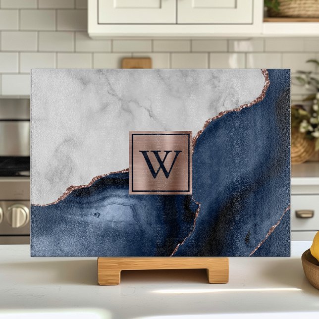 White Marble Rose Gold Navy Blue Agate Monogram Cutting Board (Creator Uploaded)
