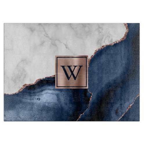 White Marble Rose Gold Navy Blue Agate Monogram Cutting Board