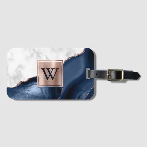White Marble Rose Gold Navy Blue Agate Monogram Luggage Tag