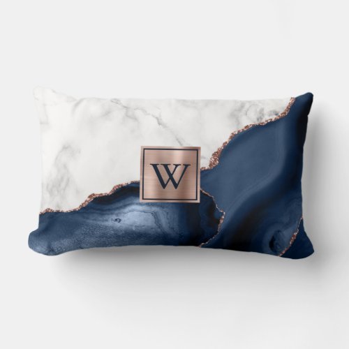 White Marble Rose Gold Navy Blue Agate Monogram Lumbar Pillow