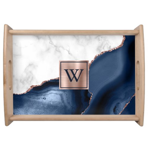White Marble Rose Gold Navy Blue Agate Monogram Serving Tray