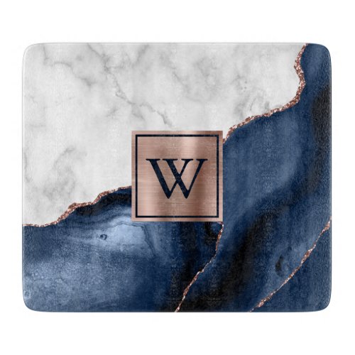 White Marble Rose Gold Navy Blue Agate Monogram Tr Cutting Board