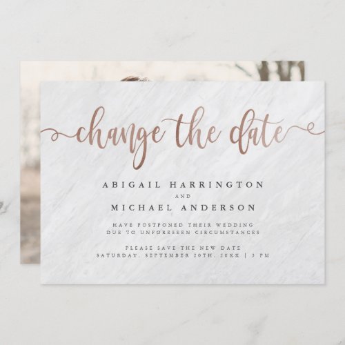 White Marble  Rose Gold Script Change The Date Invitation