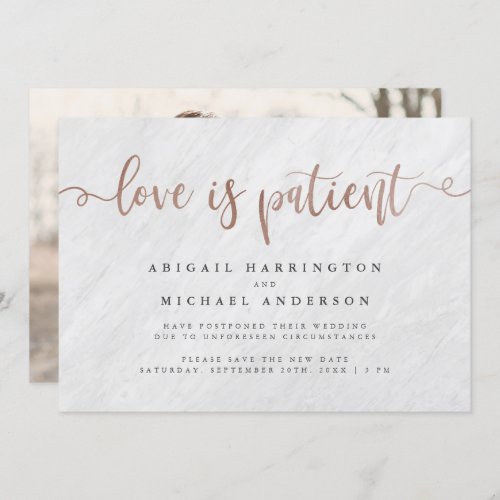 White Marble  Rose Gold Script Love Is Patient Invitation