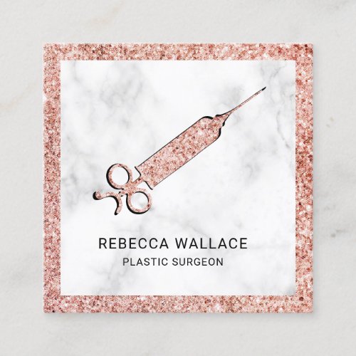 White Marble Rose Gold Syringe Plastic Surgeon Square Business Card