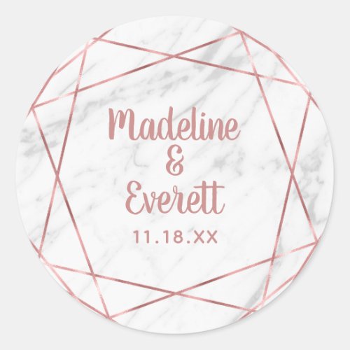 White Marble Rose Gold Triangle Monogram Wedding Classic Round Sticker