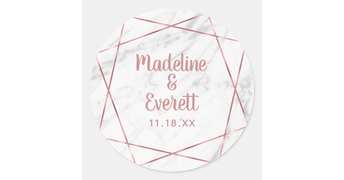 White Marble Rose Gold Triangle Monogram Wedding Classic Round Sticker ...