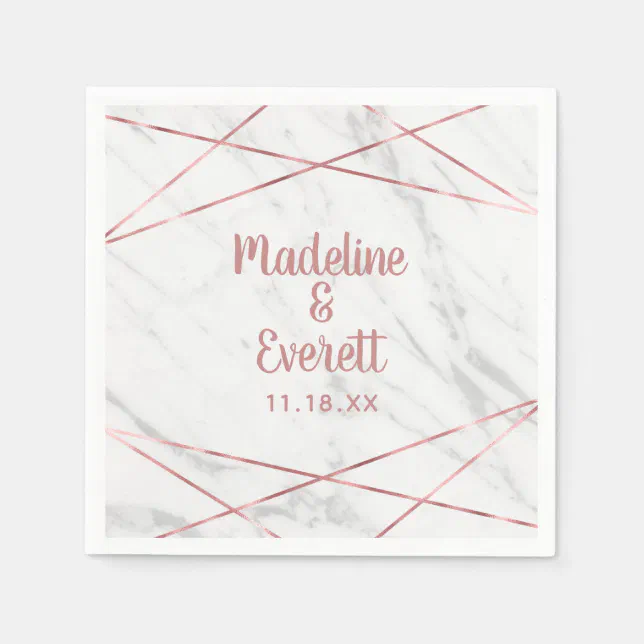 White Marble Rose Gold Triangle Wedding Monogram Napkins | Zazzle