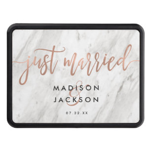 White Marble & Rose Gold Wedding Just Married Tow Hitch Cover