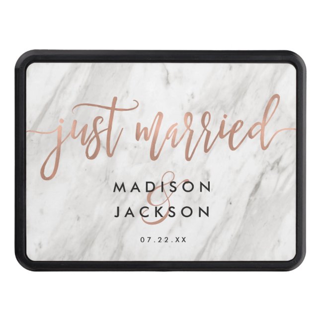 White Marble & Rose Gold Wedding Just Married Tow Hitch Cover (Front)