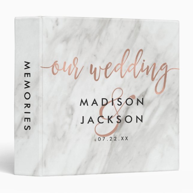 White Marble & Rose Gold Wedding Photo Album 3 Ring Binder (Front/Spine)