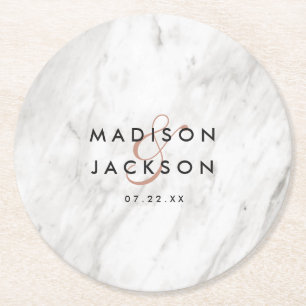 White Marble & Rose Gold Wedding Reception Party Round Paper Coaster