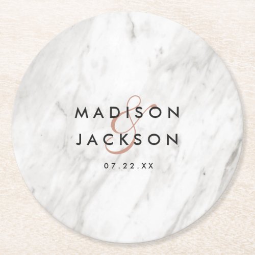 White Marble  Rose Gold Wedding Reception Party Round Paper Coaster