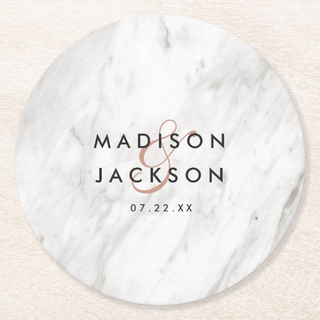 White Marble & Rose Gold Wedding Reception Party Round Paper Coaster (Front)