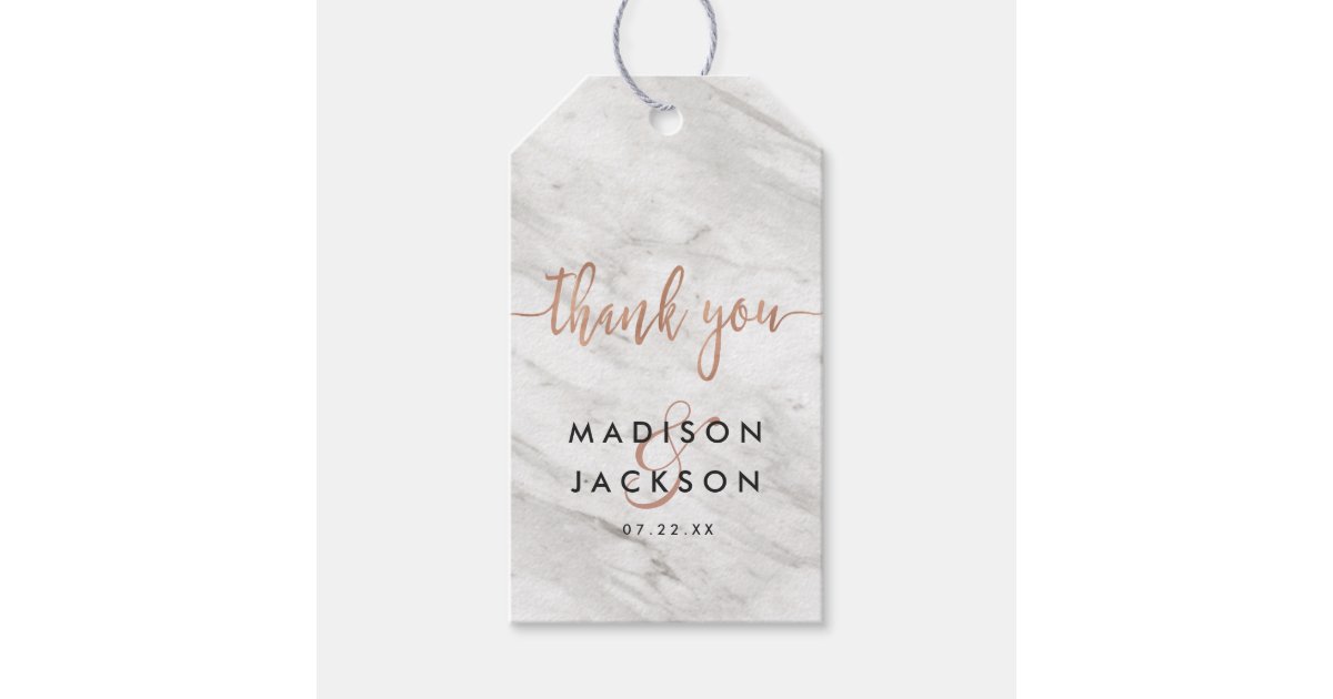 White Marble & Rose Gold Wedding Thank You Gift Tags | Zazzle