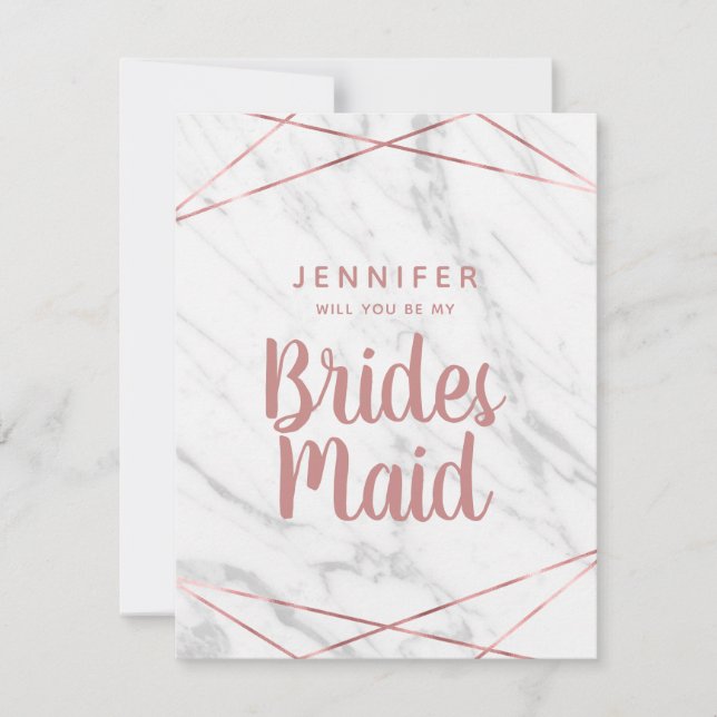 White Marble Rose Gold Will You Be My Bridesmaid Invitation (Front)