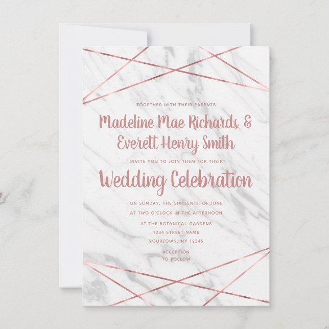 White Marble Rose Triangular Wedding Invitation (Front)