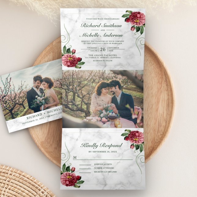 White Marble Rustic Pink Hydrangea Floral Wedding Tri-Fold Invitation (Creator Uploaded)