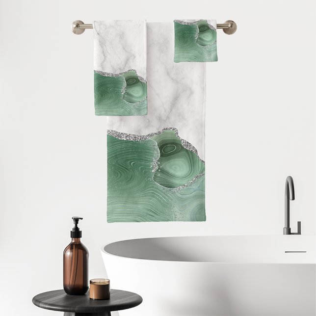 White Marble Sage Green Agate Silver Glitter Bath Towel Set (Creator Uploaded)