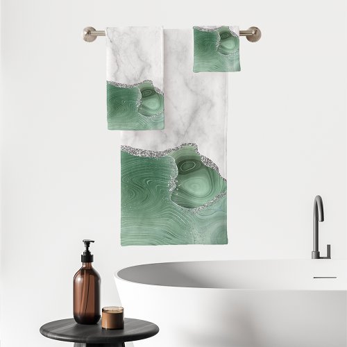 White Marble Sage Green Agate Silver Glitter Bath Towel Set