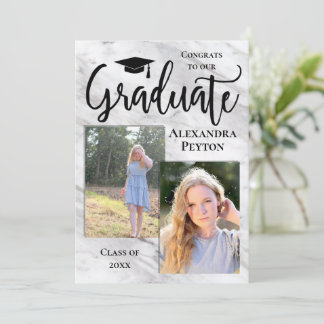 White Marble Script 2 Photo Graduation Invitation