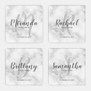 White Marble Script Personalized Bridesmaids Coaster Set