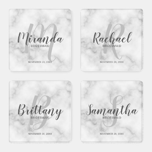 White Marble Script Personalized Bridesmaids Coaster Set