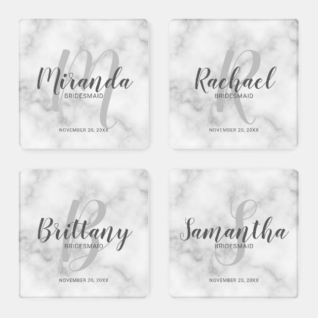 White Marble Script Personalized Bridesmaids Coaster Set (Set)