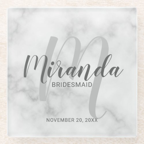White Marble Script Personalized Bridesmaids Glass Coaster