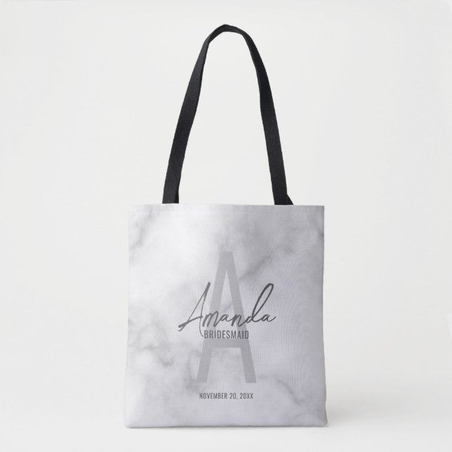 White Marble Script Personalized Bridesmaid's Name Tote Bag (Front)