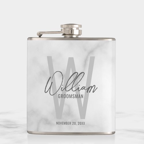White Marble Script Personalized Groomsmans Name Flask