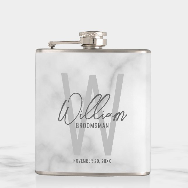 White Marble Script Personalized Groomsman's Name Flask (Creator Uploaded)