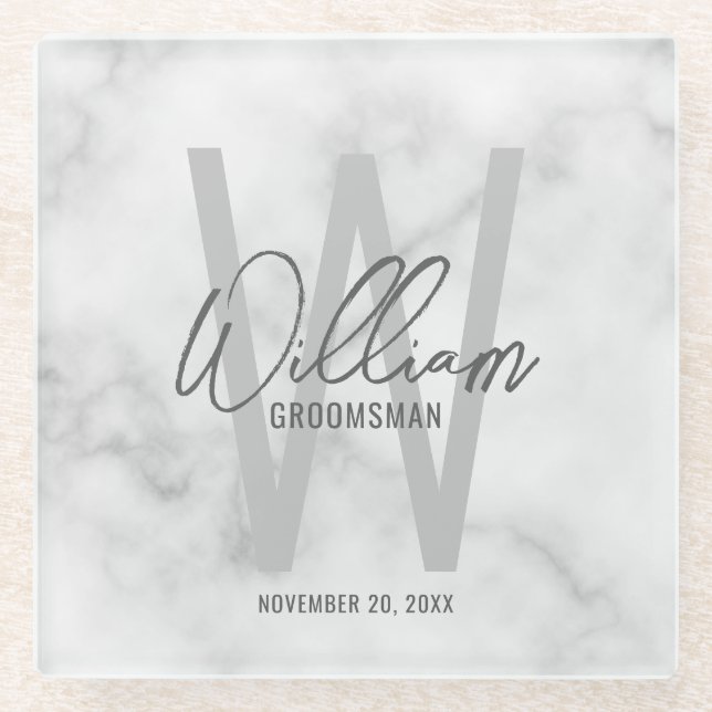 White Marble Script Personalized Groomsman's Name Glass Coaster (Front)