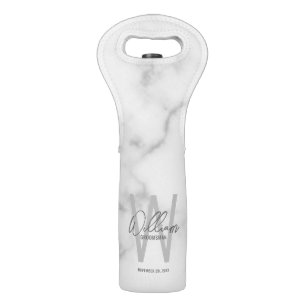 White Marble Script Personalized Groomsman's Name Wine Bag