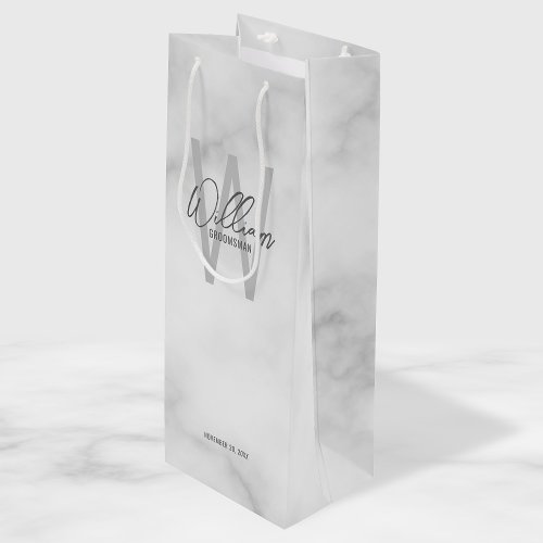 White Marble Script Personalized Groomsmans Name Wine Gift Bag