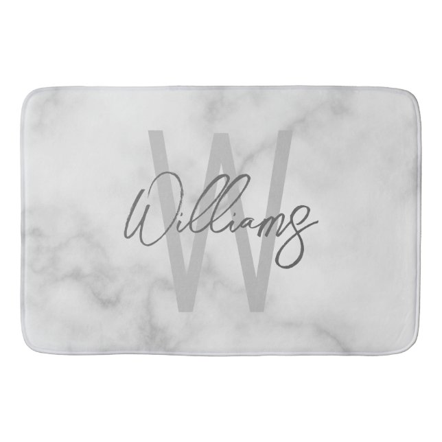 White Marble Script Personalized Monogram and Name Bath Mat (Front)