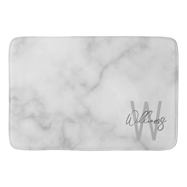 White Marble Script Personalized Monogram and Name Bath Mat (Front)