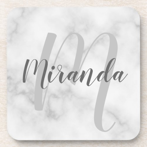 White Marble Script Personalized Monogram and Name Beverage Coaster