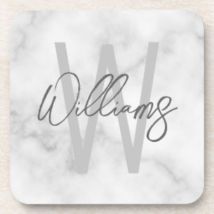 White Marble Script Personalized Monogram and Name Beverage Coaster