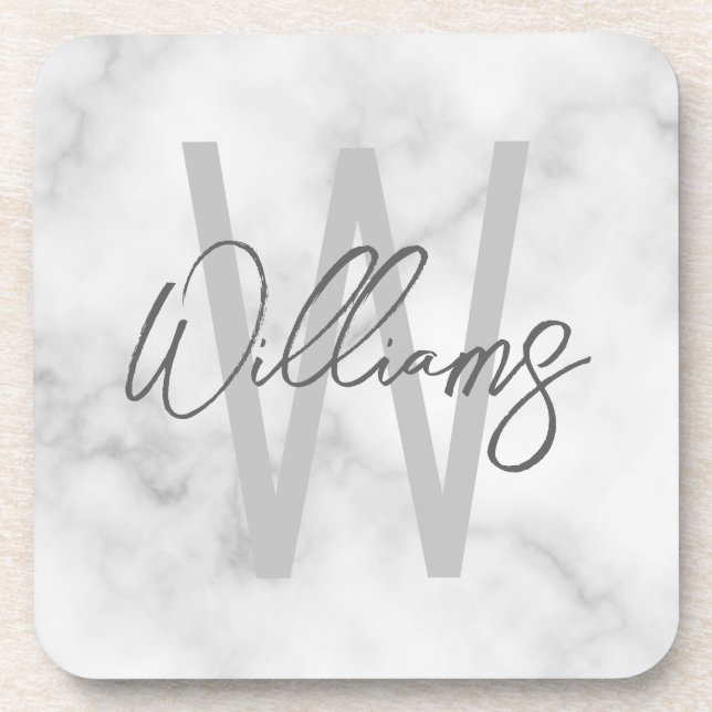 White Marble Script Personalized Monogram and Name Beverage Coaster (Front)