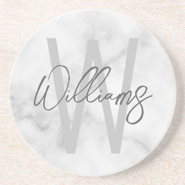 White Marble Script Personalized Monogram and Name Coaster (Front)