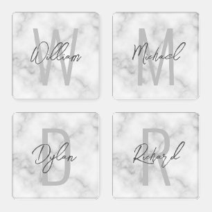 White Marble Script Personalized Monogram and Name Coaster Set
