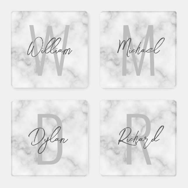White Marble Script Personalized Monogram and Name Coaster Set (Set)