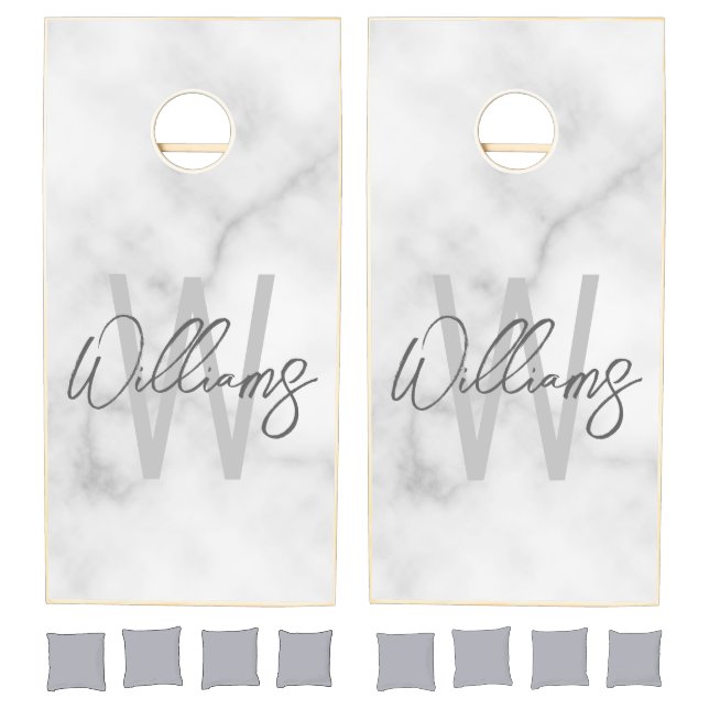 White Marble Script Personalized Monogram and Name Cornhole Set (Set)